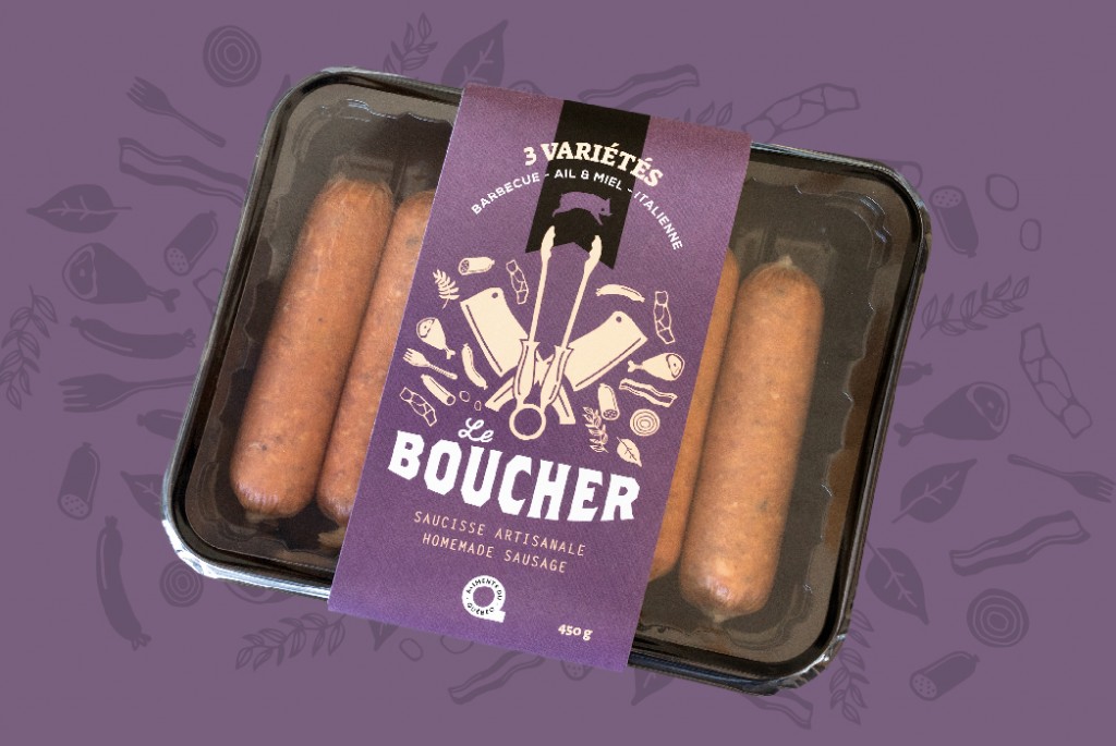 Emballage de trois variétés de saucisse Le Boucher - Boucherie du lac