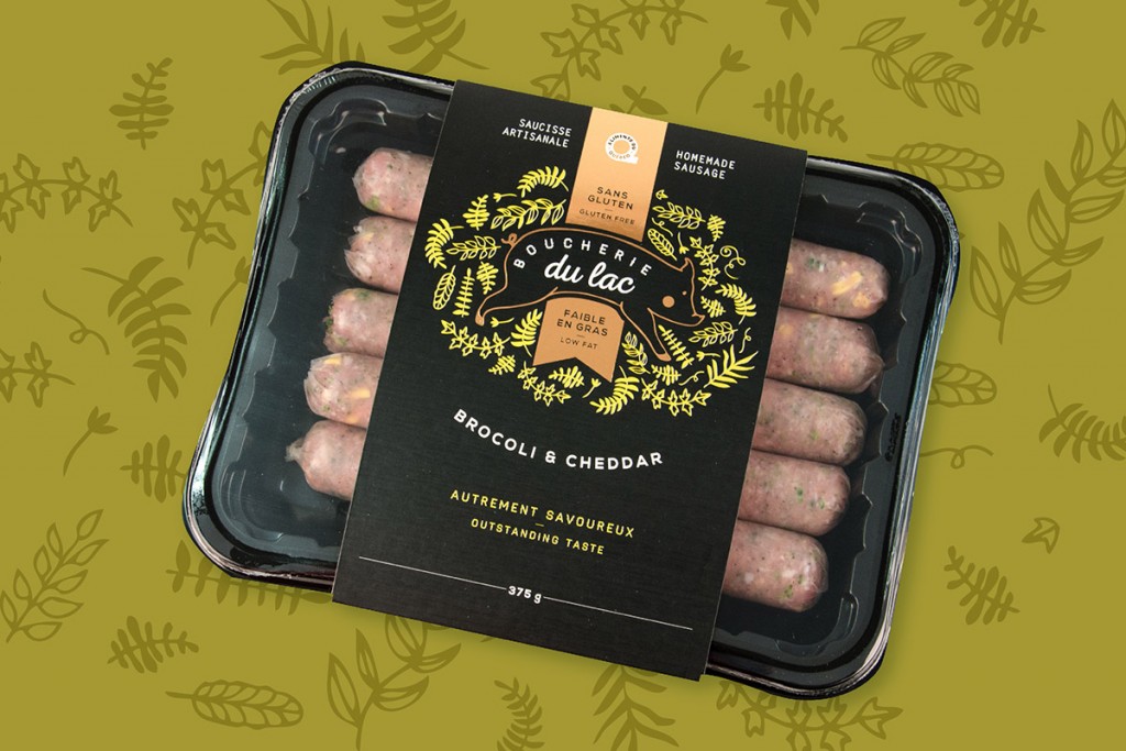 Emballage de saucisses brocoli et cheddar de la Boucherie du lac